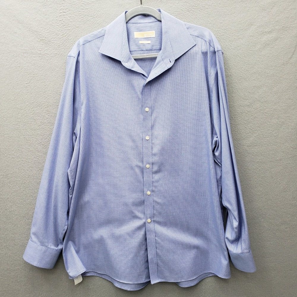 Michael Kors Long Sleeve Non Iron Dress Shirt Blue Micro Houndstooth Travel